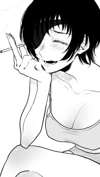 1girl absurdres breasts camisole chainsaw_man cigarette cleavage closed_eyes eyepatch greyscale haru_rice highres himeno_(chainsaw_man) holding holding_cigarette large_breasts monochrome open_mouth short_hair solo