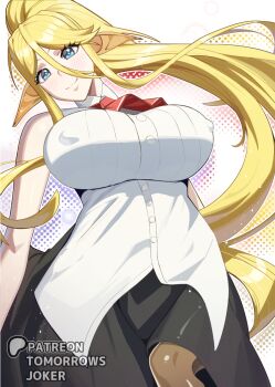 1girl animal_ears artist_name bare_shoulders black_skirt blonde_hair blue_eyes blush breasts centaur centorea_shianus closed_mouth commentary covered_erect_nipples cowboy_shot english_commentary hair_between_eyes high_ponytail horse_ears large_breasts long_hair long_skirt looking_at_viewer monster_girl monster_musume_no_iru_nichijou multiple_legs neckerchief pointy_ears ponytail red_neckerchief shirt sidelocks skirt sleeveless sleeveless_shirt smile solo standing standing_on_three_legs taur tomorrowsjoker very_long_hair white_shirt