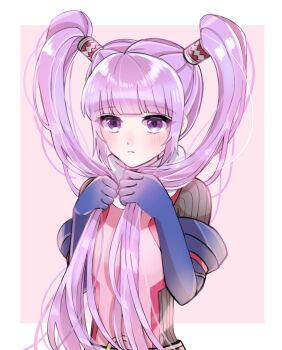 Rule 34 | 1girl, blush, bodysuit, commentary, expressionless, holding, holding own hair, ichiba (user ecjy4455), long hair, purple eyes, purple hair, solo, sophie (tales), tales of (series), tales of graces, twintails, upper body, very long hair