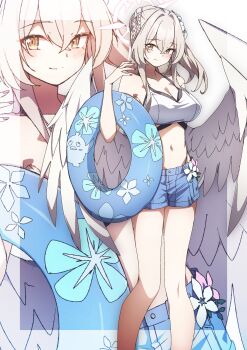 Rule 34 | 1girl, absurdres, alternate costume, angel wings, blue archive, blue shorts, breasts, brown hair, cleavage, collarbone, commentary request, feathered wings, flower, hair flower, hair ornament, halo, highres, large breasts, long hair, looking at viewer, low wings, midriff, nagisa (blue archive), navel, short shorts, shorts, smile, solo, swim ring, to (tototo tk), white wings, wings, yellow eyes, zoom layer