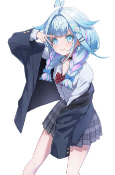 1girl absurdres ahoge black_choker blue_eyes blue_hair braid cha_seiga choker hair_ornament highres hololive hololive_dev_is jacket lightning_ahoge looking_at_viewer mizumiya_su multicolored_hair pink_hair pleated_skirt school_uniform shirt skirt smile solo streaked_hair twin_braids v virtual_youtuber winter_uniform