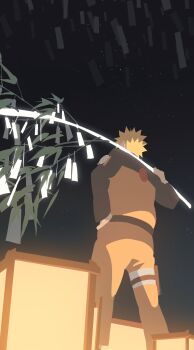 1boy absurdres bamboo blonde_hair chugege from_behind hand_on_own_hip highres jacket lantern male_focus naruto_(series) naruto_shippuuden night official_style orange_jacket orange_pants pants paper_lantern short_hair sky solo spiked_hair star_(sky) starry_sky tanzaku uzumaki_naruto