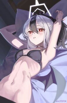 1girl absurdres black_bra black_hair black_horns blue_archive bra breasts bright_pupils commentary_request groin hair_between_eyes halo highres horns kayoko_(blue_archive) looking_at_viewer medium_breasts multicolored_hair navel red_eyes revision ribs solo stomach twitter_username two-tone_hair underwear white_halo white_pupils yc97