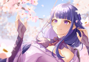 1girl blue_pupils blue_sky blunt_bangs blurry blurry_background branch breasts bridal_gauntlets cherry_blossoms cleavage closed_mouth clothing_cutout commentary genshin_impact gradient_hair hair_ornament head_tilt highres japanese_clothes kimono large_variant_set leaning_to_the_side light_smile mole mole_under_eye multicolored_eyes multicolored_hair neck_ribbon off_shoulder outdoors purple_eyes purple_hair purple_kimono raiden_shogun red_ribbon ribbon shade shoulder_cutout sky solo standing streaked_hair symbol-only_commentary tree upper_body variant_set watatai