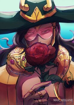 1boy absurdres artist_name black_hair blue_background commentary flower gold_trim gradient_background green_eyes green_hat green_robe hashtag-only_commentary hat highres holding holding_flower horned_hat jewelry loki_(marvel) loki_(robe_of_relaxation)_(marvel) long_hair looking_at_viewer male_focus marvel marvel_rivals megane_(0max_megane0) multiple_rings muscular muscular_male official_alternate_costume pink-tinted_eyewear red_flower red_rose rimless_eyewear ring robe rose solo sunglasses symbol-only_commentary thor_(marvel)_(series) tinted_eyewear upper_body