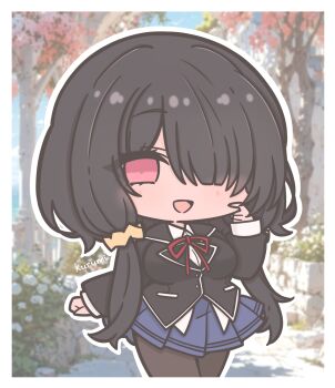 Rule 34 | 1girl, ai-assisted, ai-generated background, artist name, black hair, black jacket, blazer, blue skirt, blue sky, blush, border, breasts, character name, chibi, chibi only, cleavage, commentary, cowboy shot, date a live, day, flower, futaba (anti clockwise), garden, hair over one eye, hand up, highres, jacket, long hair, long sleeves, looking at viewer, medium breasts, neck ribbon, open mouth, outdoors, outline, pantyhose, pleated skirt, raizen high school uniform, red eyes, red ribbon, ribbon, school uniform, shirt, skirt, sky, smile, solo, symbol-only commentary, tokisaki kurumi, tree, twintails, white border, white outline, white shirt