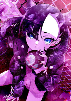 Rule 34 | 1girl, absurdres, alternate eye color, asymmetrical bangs, black hair, black jacket, black nails, blue eyes, chain-link fence, commentary request, cyclizar, dress, dusk ball, fence, gen 8 pokemon, glint, highres, holding, holding poke ball, jacket, looking at viewer, marie (pixiv59672544), marnie (pokemon), morpeko, morpeko (hangry), nintendo, pink dress, poke ball, pokemon, pokemon (creature), pokemon swsh, signature, solo focus, sparkle, undercut