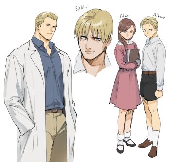 1girl 3boys aged_down albert_wesker alex_wesker belt blonde_hair blue_eyes brown_hair capcom closed_mouth dress jack_krauser long_hair multiple_boys resident_evil resident_evil:_revelations_2 resident_evil_2 resident_evil_4 shorts simple_background smile tatsumi_(psmhbpiuczn) white_background william_birkin