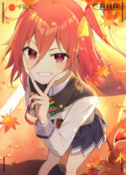 1girl absurdres anger_vein autumn autumn_leaves bent_over black_skirt collared_shirt commentary_request dating day earrings evening falling_leaves grin hair_between_eyes hair_ornament hair_ribbon highres holding holding_leaf jacket jewelry l.os leaf leaf_hair_ornament leaf_print leaning_forward long_sleeves looking_at_viewer maple_leaf miniskirt ongeki ousaka_akane outdoors pleated_skirt red_eyes red_hair red_theme ribbon school_uniform shirt short_hair skirt smile solo standing white_jacket white_shirt
