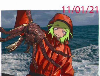 1girl crab dated green_hair hat highres hood hood_up ocean original pyoko_(sandwicha) water