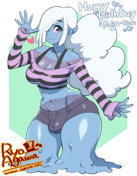 Rule 34 | 1boy, agawa ryou, anahita (monster girl gamu), artist name, borrowed character, breasts, bulge, cleavage, cloud, crop top, english text, green background, happy birthday, heart, heart-shaped pupils, large breasts, looking at viewer, male with breasts, monster boy, monster girl gamu, navel, original, ponytail, see-through clothes, see-through body, shirt, short shorts, shorts, signature, simple background, slime boy, smile, solo, striped clothes, striped shirt, symbol-shaped pupils, thick thighs, thighs, translucent, trap, watermark, web address, white background, white hair