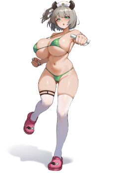 1girl absurdres animal_ears arms_up bikini blush breasts brown_hair collarbone commission controller crocs full_body game_controller green_bikini green_eyes hat highres indie_virtual_youtuber kaiend large_breasts leg_up looking_at_viewer micro_bikini navel nimi_nightmare nurse_cap open_mouth second-party_source short_hair simple_background skindentation solo standing sweat swimsuit tapir_ears tapir_girl thighhighs virtual_youtuber white_background white_thighhighs wii_remote