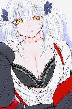 Rule 34 | 1girl, absurdres, black bra, black jacket, bra, breasts, cleavage, collared shirt, commentary request, fate/grand order, fate (series), flower, gradient hair, grey hair, grey skirt, grin, hair flower, hair ornament, highres, jacket, lace, lace-trimmed bra, lace trim, large breasts, long hair, long sleeves, looking at viewer, marie antoinette (fate), marie antoinette alter (fate), mcpc zamurai, multicolored hair, multicolored jacket, necktie, off shoulder, open clothes, pseudo-tokyo school uniform, red jacket, school uniform, shirt, sidelocks, skirt, smile, solo, suspender skirt, suspenders, two-tone jacket, underwear, white hair, white shirt, yellow eyes