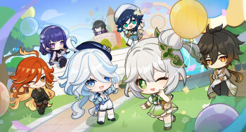 Rule 34 | 3boys, 4boys, alternate costume, aqua eyes, balloon, black hair, blonde hair, blue eyes, blue hair, braid, brown hair, chibi, chinese commentary, columbina (genshin impact), commentary request, cross-shaped pupils, diamond-shaped pupils, diamond (shape), dress, drop-shaped pupils, flower, furina (genshin impact), genshin impact, gradient hair, green eyes, green hair, hair bun, hair ornament, hat, highres, laili buluofen, long hair, mavuika (genshin impact), multicolored hair, multiple boys, multiple girls, nahida (genshin impact), one eye closed, open mouth, orange eyes, orange hair, outdoors, pink hair, pointy ears, purple eyes, purple hair, raiden shogun, red eyes, red hair, side ponytail, single side bun, sitting, smile, streaked hair, symbol-shaped pupils, tree, twin braids, venti (genshin impact), white hair, yellow eyes, zhongli (genshin impact)