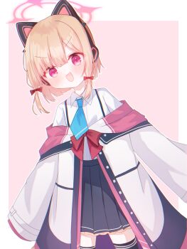 1girl :d animal_ear_headphones animal_ears black_coat black_skirt black_thighhighs blonde_hair blue_archive blue_necktie blunt_ends blush border bow buttons cat_ear_headphones cat_ears chromatic_aberration coat collared_shirt commentary cowboy_shot dot_nose dress_shirt eyes_visible_through_hair fake_animal_ears frilled_coat frilled_skirt frills hair_bow halo headphones highres leaning_to_the_side long_sleeves looking_at_viewer low-tied_sidelocks momoi_(blue_archive) multicolored_coat necktie off_shoulder open_mouth outside_border parted_bangs pink_background pink_coat pink_eyes pink_halo pleated_skirt red_bow school_uniform shirt shirt_tucked_in short_hair short_necktie sidelocks simple_background skirt sleeves_past_fingers sleeves_past_wrists smile solo suspender_skirt suspenders thighhighs tyonar22 unbuttoned v-shaped_eyebrows white_border white_coat white_shirt wide_sleeves