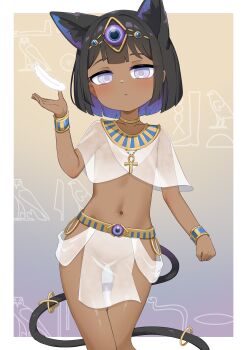 1girl :&lt; absurdres ancient_egyptian ancient_egyptian_clothes animal_ears bangle black_hair blunt_bangs blunt_ends bob_cut border bracelet cat_ears cat_tail chis_(js60216) closed_mouth colored_inner_hair commentary_request cowboy_shot dark-skinned_female dark_skin expressionless feathers flat_chest forehead_jewel grey_eyes hieroglyphics highres brown_egyptian_cat-eared_loli_(trend) jewelry jitome loli looking_at_viewer multicolored_hair navel original outside_border purple_hair ringed_eyes see-through_clothes short_hair solo tail thigh_gap two-tone_hair usekh_collar white_border