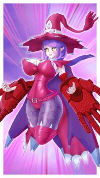 1girl 3d appmon artist_request belt boots breasts cape claws cleavage coat demon_girl derivative_work digimon digimon_universe:_appli_monsters facial_tattoo floating hat highleg highleg_leotard highres large_breasts leotard looking_at_breasts medium_hair monster_girl naughty_face pointy_ears screenshot_redraw shiny_skin simple_background skin_tight smile solo symbol-shaped_pupils tattoo thong_leotard warudamon witch_hat yellow_eyes
