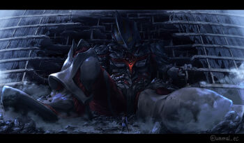 Rule 34 | 1boy, 1other, alien, ambiguous gender, armor, broken glass, building, chest jewel, debris, defeat, destruction, dust, epic, giant, glass, gun, highres, military, rubble, seijin, signature, superhero costume, tsuburaya productions, ultra series, ultraman: the next, ultraman the next, ultraman the next junis, unreal ec, weapon, window, yellow eyes