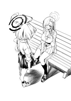 2girls ahoge ankle_socks asuna_(blue_archive) asuna_(school_uniform)_(blue_archive) bench blue_archive bow bowtie breasts choker commentary_request crying crying_with_eyes_open dress_shirt greyscale hair_ribbon halo hatching_(texture) highres huge_ahoge kneehighs korean_commentary large_breasts linear_hatching loafers long_hair looking_at_another loose_bowtie lvup1234 monochrome multiple_girls neru_(blue_archive) neru_(school_uniform)_(blue_archive) on_bench open_mouth park_bench pleated_skirt ribbon school_uniform scrunchie shirt shoes short_hair simple_background sitting skirt sleeves_rolled_up sneakers socks standing tears very_long_hair wrist_scrunchie