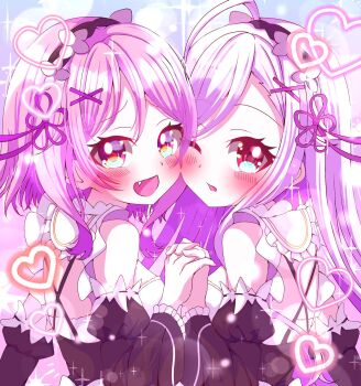 2girls :d ahoge antenna_hair apron bare_shoulders blush cosplay detached_sleeves dress fang fudeshima_shigure hair_ornament hair_ribbon heart heart_ahoge highres holding_hands interlocked_fingers kanaria_chick long_hair long_sleeves looking_at_viewer maid maid_headdress multiple_girls niizuma_yae one_eye_closed open_mouth pink_hair ram_(re:zero) ram_(re:zero)_(cosplay) re:zero_kara_hajimeru_isekai_seikatsu rem_(re:zero) rem_(re:zero)_(cosplay) ribbon smile tongue tongue_out very_long_hair white_apron world_dai_star x_hair_ornament