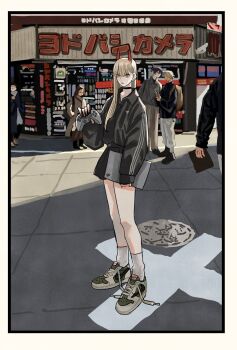 1girl 2boys adidas bag black_choker black_hair blonde_hair blunt_bangs chainsaw_man choker commentary_request controller denji_(chainsaw_man) full_body game_controller hayakawa_aki highres holding holding_controller holding_game_controller horns long_hair looking_at_viewer multiple_boys nike_(company) outdoors people pochita_(chainsaw_man) ponytail power_(chainsaw_man) red_horns shoes shoulder_bag sneakers socks takeuchi_ryousuke white_socks