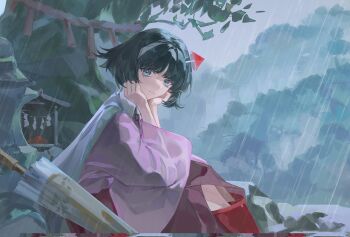 1other amanomiya_jun androgynous artist_request black_hair blue_eyes collared_shirt commentary_request commission hairband highres japanese_clothes len'en long_skirt long_sleeves other_focus outdoors rain second-party_source shirt short_hair sitting skirt solo umbrella umbrella_hair_ornament