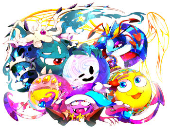 armlet black_eyes blue_eyes blue_headwear boots brown_footwear claws commentary_request crown demon_wings drawcia drawcia_soul extra_eyes fangs fur-trimmed_headwear fur_trim gold_necklace half-closed_eye hand_on_another&#039;s_head hat heart insect_wings jester_cap jewelry kirby_(series) magolor magolor_soul marx_(kirby) marx_soul master_crown necklace nintendo no_humans open_mouth pointy_boots pom_pom_(clothes) purple_headwear queen_sectonia red_eyes red_wings shirushiki shooting_star_(symbol) sitting smile solid_oval_eyes soul_of_sectonia spiked_armlet star_dream trait_connection two-tone_headwear v-shaped_eyebrows void_soul void_termina white_background white_eyes white_headwear wings yellow_eyes