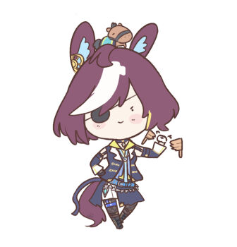 1girl absurdres animal_ears asymmetrical_gloves belt black_boots black_gloves black_jacket blue_belt blue_necktie blush blush_stickers boots broken_fence brown_hair chibi chibi_only closed_mouth commentary creature_and_personification detached_sleeves ear_ornament english_commentary eyepatch fence fishnet_pantyhose fishnets gloves hair_over_one_eye highres horse horse_ears horse_girl horse_tail jacket long_sleeves looking_at_viewer mismatched_gloves multicolored_hair necktie on_head pantyhose pendant_choker personification shirt short_hair shorts simple_background sleeveless sleeveless_jacket smile solid_circle_eyes streaked_hair tail tanino_gimlet_(embodiment_of_keravnos)_(umamusume) tanino_gimlet_(racehorse) tanino_gimlet_(umamusume) ukichan22905846 umamusume white_background white_gloves white_hair white_shorts wooden_fence yellow_eyes yellow_shirt