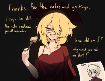 1girl :d age_progression bags_under_eyes bare_arms birthday breasts centurii-chan centurii-chan_(character) collarbone commentary english_commentary english_text fork glasses hair_over_one_eye highres holding holding_fork large_breasts looking_at_viewer open_mouth orange_eyes original photo_(object) plume red-framed_eyewear red_shirt shirt single_bare_shoulder single_off_shoulder smile solo straight-on teeth upper_body upper_teeth_only