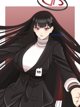 Rule 34 | 1girl, aakizuna12f, black hair, black jacket, black skirt, blazer, blue archive, blush, commentary request, grin, halo, highres, jacket, long hair, looking at viewer, pleated skirt, red eyes, ribbed sweater, rio (blue archive), skirt, smile, solo, sweater, turtleneck, turtleneck sweater, very long hair, watch, white sweater, wristwatch
