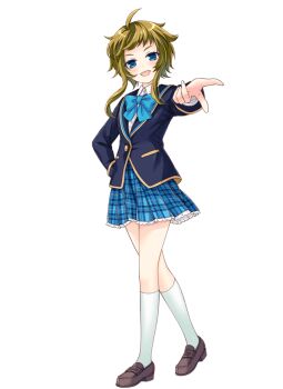 1girl blonde_hair blue_bow blue_bowtie blue_eyes blue_skirt bow bowtie brown_shoes full_body furuya_shuri girlfriend_(kari) jacket loafers looking_at_viewer miniskirt official_art plaid_clothes plaid_skirt pleated_skirt pointing qp:flapper school_uniform shirt shoes simple_background skirt smile socks solo thighs transparent_background white_shirt white_socks