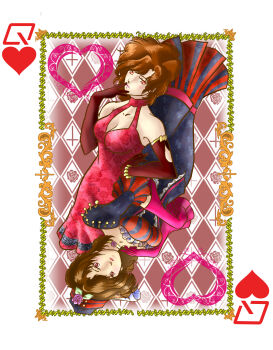 2girls back-to-back bead_bracelet beads border bow bracelet breasts brown_hair card change_me_(vocaloid) choker cleavage cocktail_dress cross dress dual_persona elbow_gloves fingers_to_mouth floral_print flower frills gloves halterneck hand_on_own_chest hand_on_own_hip hat hat_rose highres hobble_dress jewelry lips long_dress lovers_suicide_oblivion_(vocaloid) medium_breasts meiko_(lorelei)_(vocaloid) meiko_(scarlet)_(vocaloid) meiko_(vocaloid) multiple_girls playing_card project_diva_(series) project_diva_extend queen_(playing_card) queen_of_hearts_(playing_card) red_bow red_eyes red_gloves rose rose_print short_hair stenciled_rose takaimp vocaloid