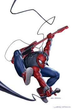 1boy black_vest blue_bodysuit bodysuit bracelet cable comic_cover commentary electric_guitar english_commentary english_text guitar highres holding holding_guitar holding_instrument holding_microphone instrument jewelry male_focus marvel microphone multicolored_bodysuit muscular muscular_male official_alternate_costume official_art punk red_bodysuit red_shoes shoes signature sneakers solo spider-man_(series) spider-punk spider-verse spider_web_print spiked_mask studded_bracelet superhero_costume vest white_background yoon_junggeun