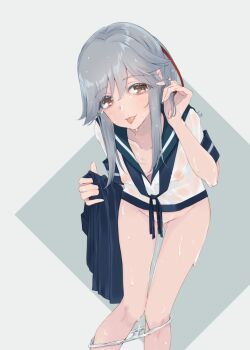 Rule 34 | absurdres, adjusting hair, alakoala, alternate breast size (larger), blue neckerchief, blue skirt, blush, breasts, brown eyes, collarbone, commentary request, convenient ribbon, covered erect nipples, double-parted bangs, gluteal fold, green sailor collar, grey background, grey hair, hair between eyes, hand up, highres, holding, holding unworn clothes, holding unworn skirt, kantai collection, leaning forward, long hair, looking at viewer, medium breasts, neckerchief, panties, panty pull, pleated skirt, ponytail, pussy, sailor collar, see-through clothes, shirt, short sleeves, sidelocks, simple background, skirt, thigh gap, tongue, tongue out, underwear, unworn skirt, usugumo (kancolle), wet, wet clothes, white shirt