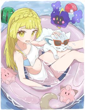 1girl absurdres alolan_form alolan_vulpix ball bare_shoulders beachball bikini blonde_hair blunt_bangs blush braid breasts character_doll cleffa closed_eyes collarbone cosmog crown_braid doll eyewear_on_head food fruit gen_2_pokemon gen_7_pokemon green_eyes highres innertube legendary_pokemon lillie_(pokemon) long_hair looking_at_viewer midriff navel nintendo open_mouth poke_ball poke_ball_(basic) pokemon pokemon_(creature) pokemon_sm pokeseru smile stuffed_toy sunglasses swim_ring swimsuit water watermelon white_bikini