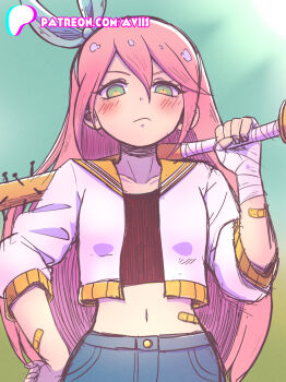 Rule 34 | 1girl, aubrey (faraway) (omori), aubrey (omori), axl sevens, bandaged hand, bandages, bandaid, bandaid on arm, bandaid on stomach, baseball bat, black shirt, blue hairband, blue skirt, blush, bow hairband, breasts, buttons, closed mouth, collarbone, commentary, crop top, cropped shirt, denim, denim skirt, double-parted bangs, english commentary, fingernails, from below, frown, green background, green eyes, hair between eyes, hairband, hand on own hip, hand up, hatching (texture), highres, holding, holding baseball bat, jacket, long hair, looking at viewer, midriff, nail (hardware), nail bat, navel, omori, open clothes, open jacket, patreon logo, patreon username, pink hair, puffy short sleeves, puffy sleeves, sailor collar, shirt, short sleeves, simple background, skirt, small breasts, solo, standing, straight-on, three-quarter sleeves, upper body, v-shaped eyebrows, very long hair, white jacket, yellow sailor collar