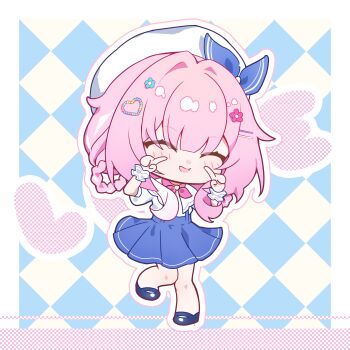 1girl absurdres alternate_costume beret blue_skirt bow bowtie checkered_background chibi chushi_right commentary_request cyrene_(aedes_elysiae)_(honkai:_star_rail) cyrene_(honkai:_star_rail) hat heart highres honkai:_star_rail honkai_(series) pink_bow pink_bowtie pink_hair pointing pointing_at_self scrunchie shoes short_hair skirt smile solo white_shoes wrist_scrunchie