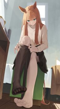 1girl adjusting_clothes adjusting_legwear alternate_costume animal_ears aqua_eyes bed black_pantyhose blurry blush bokeh brown_sweater closed_mouth commentary_request depth_of_field drawer dress-up feet from_below highres horse_ears horse_girl horse_tail indoors long_hair long_sleeves looking_at_viewer ningen_gokko orange_hair orange_tail pantyhose silence_suzuka_(umamusume) sitting solo sweater tail toes turtleneck turtleneck_sweater umamusume window_shadow wooden_floor