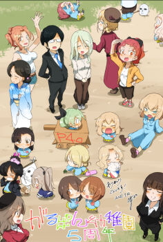 1boy 6+girls :d aged_down anniversary anzai_romi artist_name artist_self-insert asymmetrical_bangs beret black-framed_eyewear black_coat black_hair black_jacket black_pants black_ribbon black_shorts blonde_hair blue_dress blue_eyes blue_headwear blue_kimono blue_neckwear blue_shirt blue_shorts blue_skirt blunt_bangs boko_(girls_und_panzer) bow box braid brown_eyes brown_hair brown_headwear brown_skirt cardboard_box cheek-to-cheek chibi closed_eyes coat commentary darjeeling's_mother_(girls_und_panzer) dated day denim denim_shorts dress dress_shirt eating fang food formal_clothes frown girls_und_panzer glaring glasses green_hair grey_shirt grin hair_bow hair_over_one_eye hair_ribbon hand_on_own_hip hands_on_own_hips hat heads_together high_collar highres jacket japanese_clothes jewelry jinguu_(4839ms) katyusha's_mother_(girls_und_panzer) kay's_mother_(girls_und_panzer) kay_(girls_und_panzer) kimono kindergarten_uniform kneeling long_coat long_dress long_hair long_skirt long_sleeves looking_at_another looking_at_viewer looking_back lying marie_(girls_und_panzer) mask model_tank mother_and_daughter multiple_girls neck_ribbon necklace necktie nishi_kinuyo's_mother_(girls_und_panzer) nishizumi_maho nishizumi_miho nishizumi_shiho obi ogin_(girls_und_panzer) on_back one_eye_closed one_side_up opaque_glasses open_mouth orange_jacket outdoors pant_suit pants playing pleated_skirt ponytail popcorn red_bow red_dress red_hair red_jacket ribbon rosehip's_mother_(girls_und_panzer) rosehip_(girls_und_panzer) sash semi-rimless_eyewear shimada_arisu shimada_chiyo shirt short_shorts shorts siblings signature sisters sitting skirt smile smug standing straight_hair stuffed_animal stuffed_toy suit swept_bangs tank_top teddy_bear thermos translated tsuji_renta tulip_hat twintails under-rim_eyewear v-shaped_eyebrows waving white_shirt wing_collar yellow_skirt