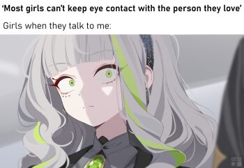 1girl black_hairband blunt_bangs caption closed_mouth collared_shirt commentary_request deyui english_text firenze_(stella_sora) frown gem green_eyes green_gem green_hair grey_hair grey_shirt hairband highres long_hair multicolored_hair shirt solo stella_sora streaked_hair wide-eyed