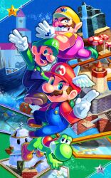 Rule 34 | 3boys, absurdres, blue overalls, brown footwear, castle, colored skin, gloves, green footwear, green hat, green shirt, green skin, grin, hat, highres, looking at viewer, luigi, mario, mario (series), multicolored skin, multiple boys, nintendo, open mouth, overalls, purple overalls, red hat, red shirt, ship, shirt, smile, super mario 64 ds, super star (mario), treasure chest, two-tone skin, wario, watercraft, white gloves, wing cap, yellow hat, yellow shirt, yoshi, yuuma rimi