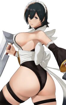 1girl ass bare_shoulders black_hair blush breasts butterfly_swords curvy dual_wielding female_focus from_behind green_eyes headdress highleg highleg_leotard holding holding_weapon huge_ass iroha_(samurai_spirits) j@ck large_breasts leotard leotard_under_clothes looking_at_viewer looking_back maid parted_lips samurai_spirits shiny_skin short_hair sideboob smile snk solo thigh_strap thighhighs thong_leotard weapon wide_hips