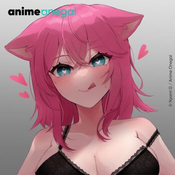 1girl :d animal_ear_fluff animal_ears anime_onegai aqua_eyes bare_shoulders black_bra blush bra breasts cat_ears character_name cleavage collarbone commentary company_name copyright_name copyright_notice ears_down grey_background hair_between_eyes heart heart-shaped_pupils highres in_heat lace lace-trimmed_bra lace_bra lace_trim licking_lips looking_at_viewer loving_aura medium_breasts medium_hair nina_amaki nyami_g open_mouth pink_hair smile solo spanish_commentary strap_slip sweat symbol-shaped_pupils third-party_source tongue tongue_out underwear upper_body
