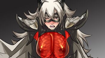 1girl armor blush bone breasts cape domino_mask drooling eye_mask fire_emblem fire_emblem_heroes grey_hair hair_between_eyes horned_mask horns kukumomo large_breasts long_hair mask mouth_drool nintendo nipples nose_blush one_eye_closed open_mouth red_eyes ribs see-through_body shoulder_armor simple_background skeleton solo spine sweat tears teeth thrasir_(fire_emblem)