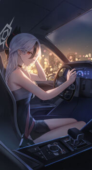 1girl absurdres audi bare_arms bare_shoulders black_bow black_choker black_dress black_hair blue_archive blush bow car car_interior choker closed_mouth commentary demon_girl demon_horns dress driving ear_piercing grey_halo hair_between_eyes hair_bow half_updo halo head_rest highres horns kayoko_(blue_archive) kayoko_(dress)_(blue_archive) leehong_studio long_hair motor_vehicle official_alternate_costume official_alternate_hairstyle piercing seatbelt sitting skyline sleeveless sleeveless_dress smile solo steering_wheel white_hair