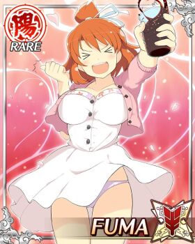 &gt;_&lt; 1girl :d breasts brown_eyes card_(medium) cherry_blossoms cleavage coat cola cup dress fuma_(senran_kagura) game_cg hair_ribbon hanami holding holding_cup large_breasts medium_hair non-web_source official_alternate_costume official_art open_mouth orange_hair panties pantyshot pink_coat pink_panties ribbon senran_kagura senran_kagura_new_wave smile solo thumbs_up topknot underwear white_dress