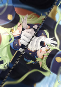 2girls absurdres blue_archive blue_jacket gloves green_hair green_halo halo hand_up haoma hat highres hikari_(blue_archive) jacket long_hair multiple_girls nozomi_(blue_archive) train white_gloves yellow_eyes