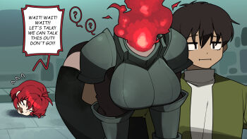 1boy 1girl ? armor breasts carrying carrying_person disembodied_head dullahan fire headless highres junkzero large_breasts original red_eyes red_hair short_hair