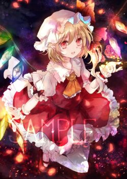 1girl ascot blonde_hair bow collared_shirt commentary_request crystal crystal_wings flandre_scarlet flower frilled_shirt_collar frilled_skirt frills hat hat_ribbon kazu_(muchuukai) looking_at_viewer mary_janes mob_cap multicolored_wings one_side_up open_mouth puffy_short_sleeves puffy_sleeves red_bow red_eyes red_skirt red_vest ribbon rose sample_watermark shirt shoes short_sleeves skirt skirt_set sleeve_bow smile socks solo touhou vest watermark white_hat white_socks wings wrist_cuffs yellow_ascot