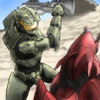 2boys alien armor assault_rifle assault_visor bad_id bad_pixiv_id blue_sky bullpup commentary_request day green_armor gun halo_(series) halo_3 helmet hitting holding holding_gun holding_weapon ma5 male_focus master_chief motion_blur multiple_boys obomugera power_armor red_armor rifle sand sangheili science_fiction sky spartan_(halo) third-party_source weapon